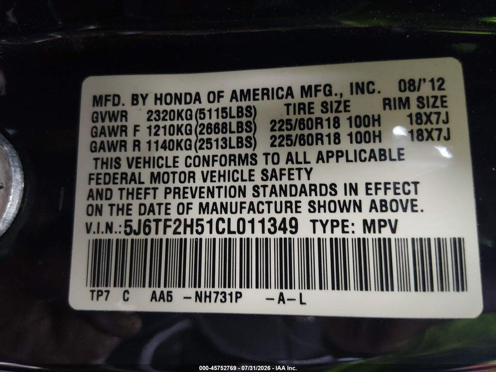 5J6TF2H51CL011349 2012 HONDA CROSSTOUR photo no. 9