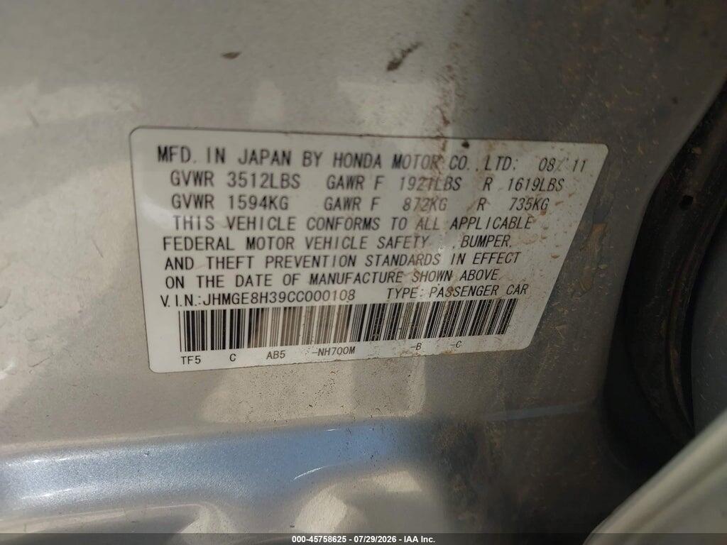 JHMGE8H39CC000108 2012 HONDA FIT photo no. 9