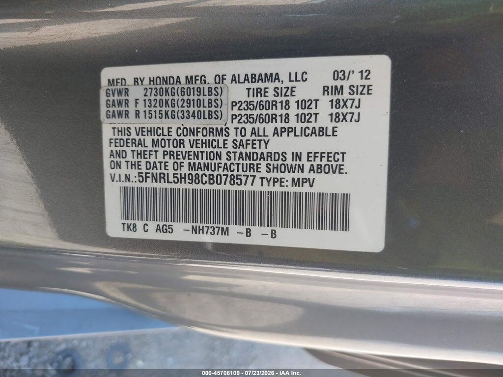 5FNRL5H98CB078577 2012 HONDA ODYSSEY photo no. 9