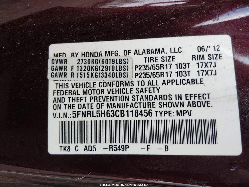 5FNRL5H63CB118456 2012 HONDA ODYSSEY photo no. 9