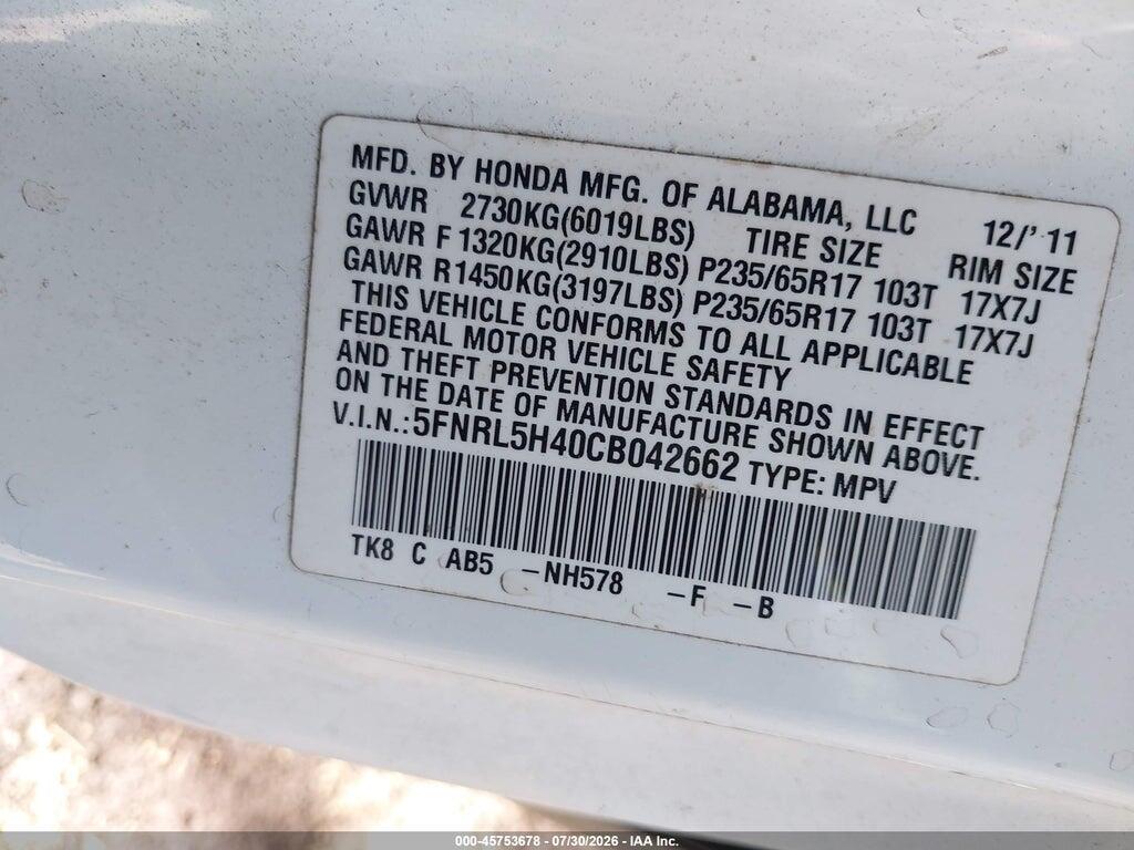 5FNRL5H40CB042662 2012 HONDA ODYSSEY photo no. 9