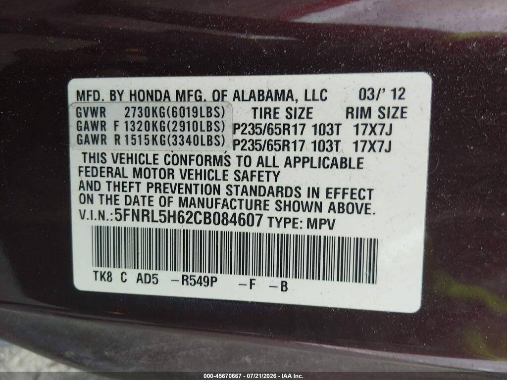 5FNRL5H62CB084607 2012 HONDA ODYSSEY photo no. 9