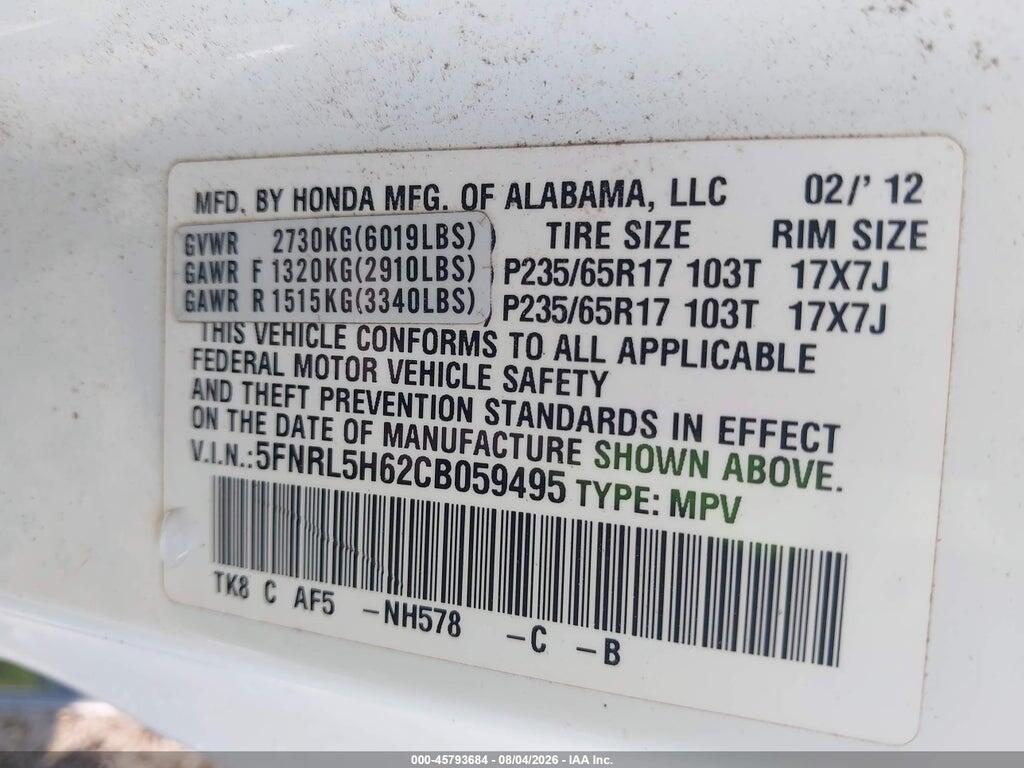 5FNRL5H62CB059495 2012 HONDA ODYSSEY photo no. 9