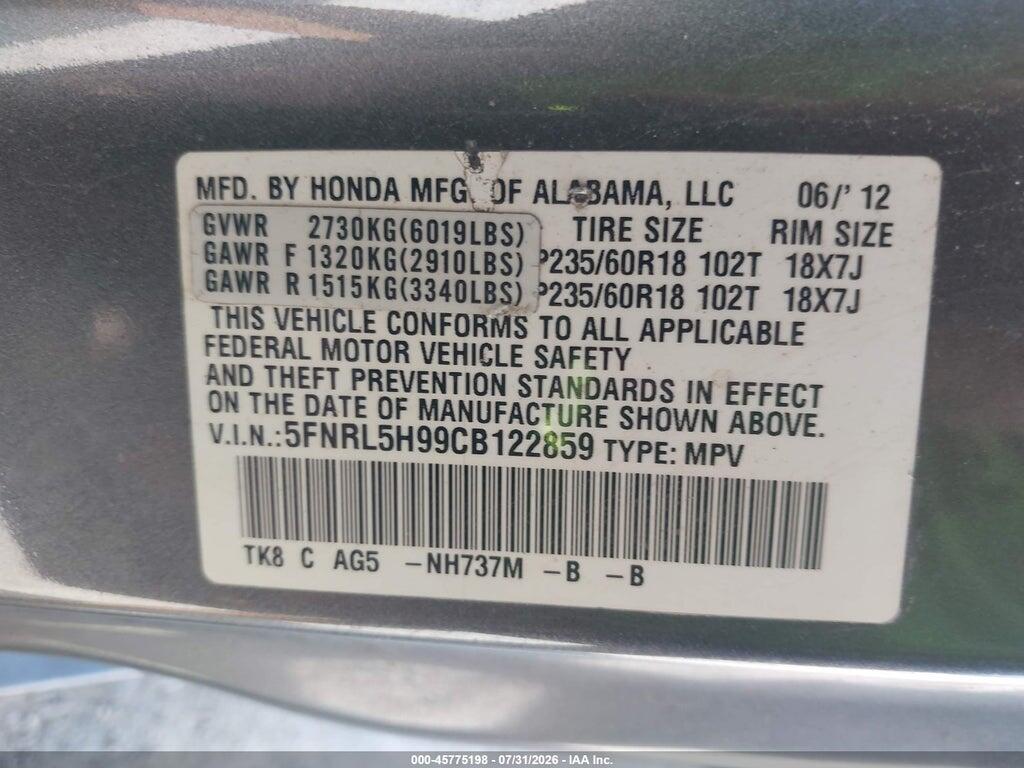 5FNRL5H99CB122859 2012 HONDA ODYSSEY photo no. 9
