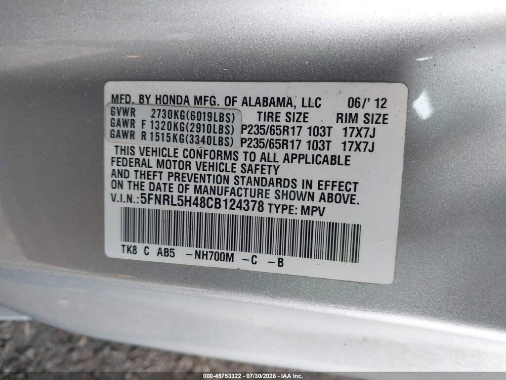5FNRL5H48CB124378 2012 HONDA ODYSSEY photo no. 9
