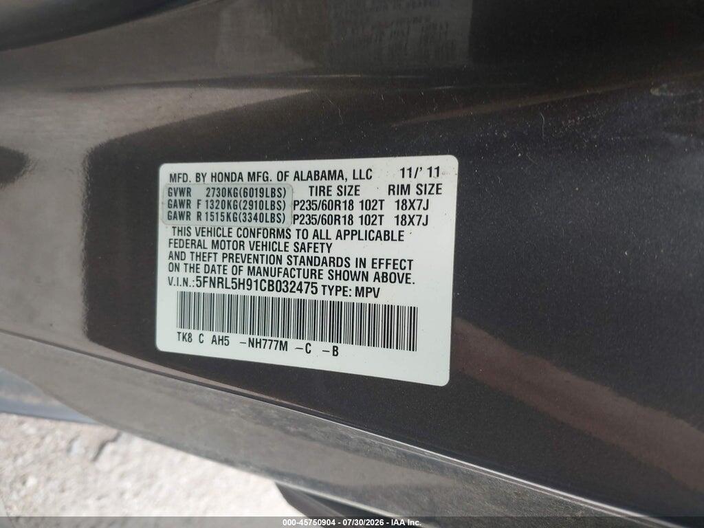 5FNRL5H91CB032475 2012 HONDA ODYSSEY photo no. 9