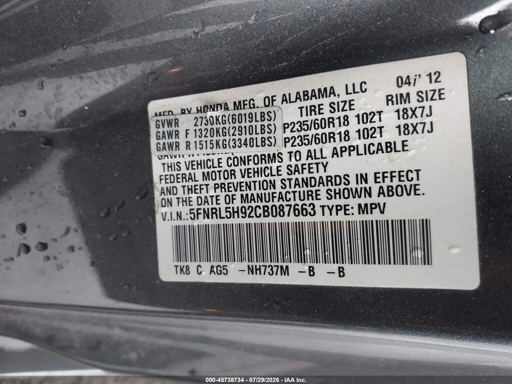 5FNRL5H92CB087663 2012 HONDA ODYSSEY photo no. 9