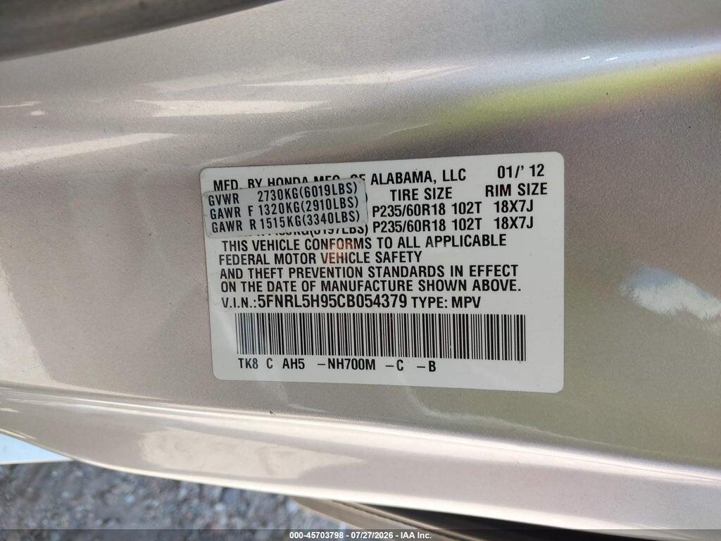 5FNRL5H95CB054379 2012 HONDA ODYSSEY photo no. 9