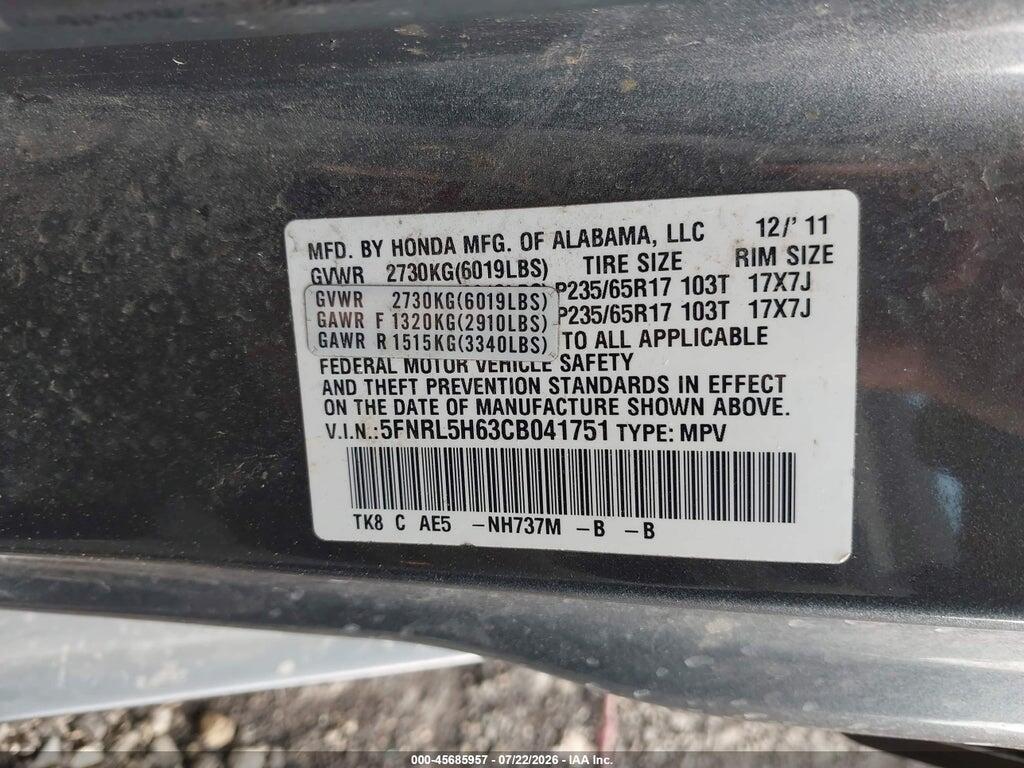 5FNRL5H63CB041751 2012 HONDA ODYSSEY photo no. 9