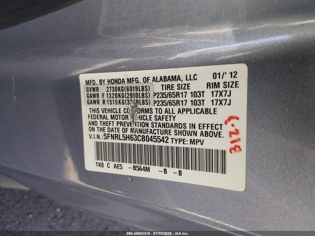 5FNRL5H63CB045542 2012 HONDA ODYSSEY photo no. 9
