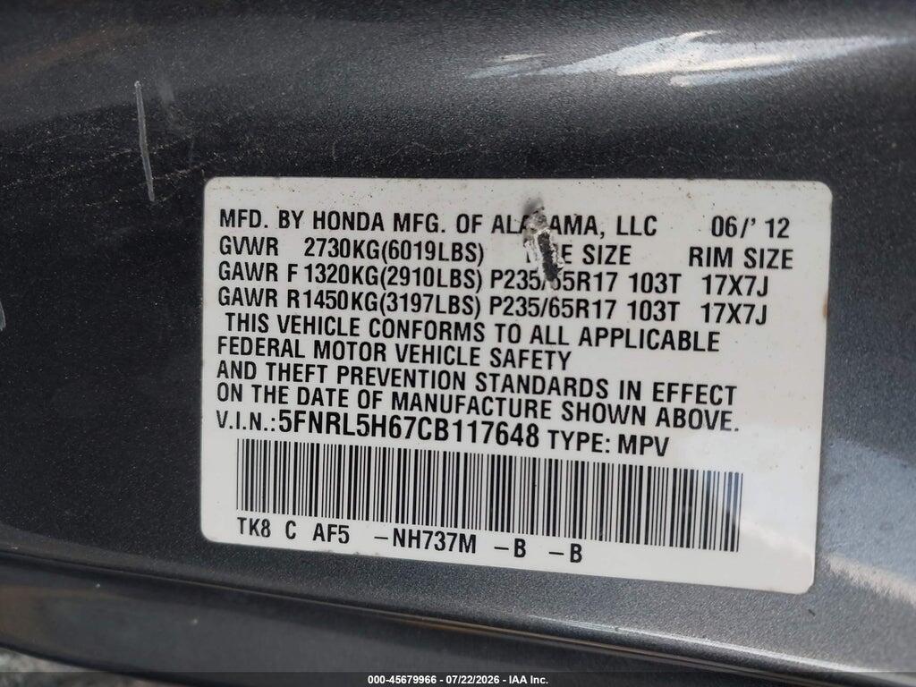 5FNRL5H67CB117648 2012 HONDA ODYSSEY photo no. 9