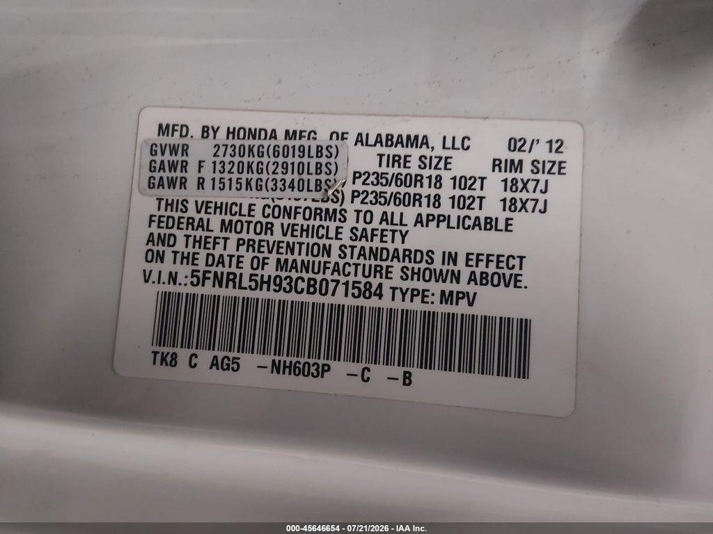 5FNRL5H93CB071584 2012 HONDA ODYSSEY photo no. 9