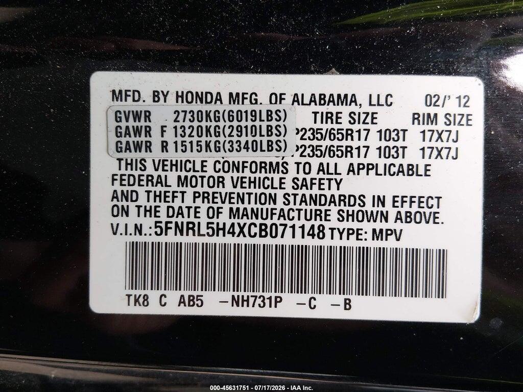 5FNRL5H4XCB071148 2012 HONDA ODYSSEY photo no. 9