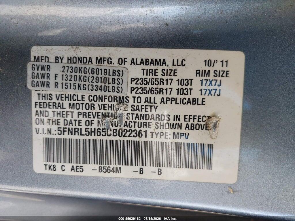 5FNRL5H65CB022361 2012 HONDA ODYSSEY photo no. 9