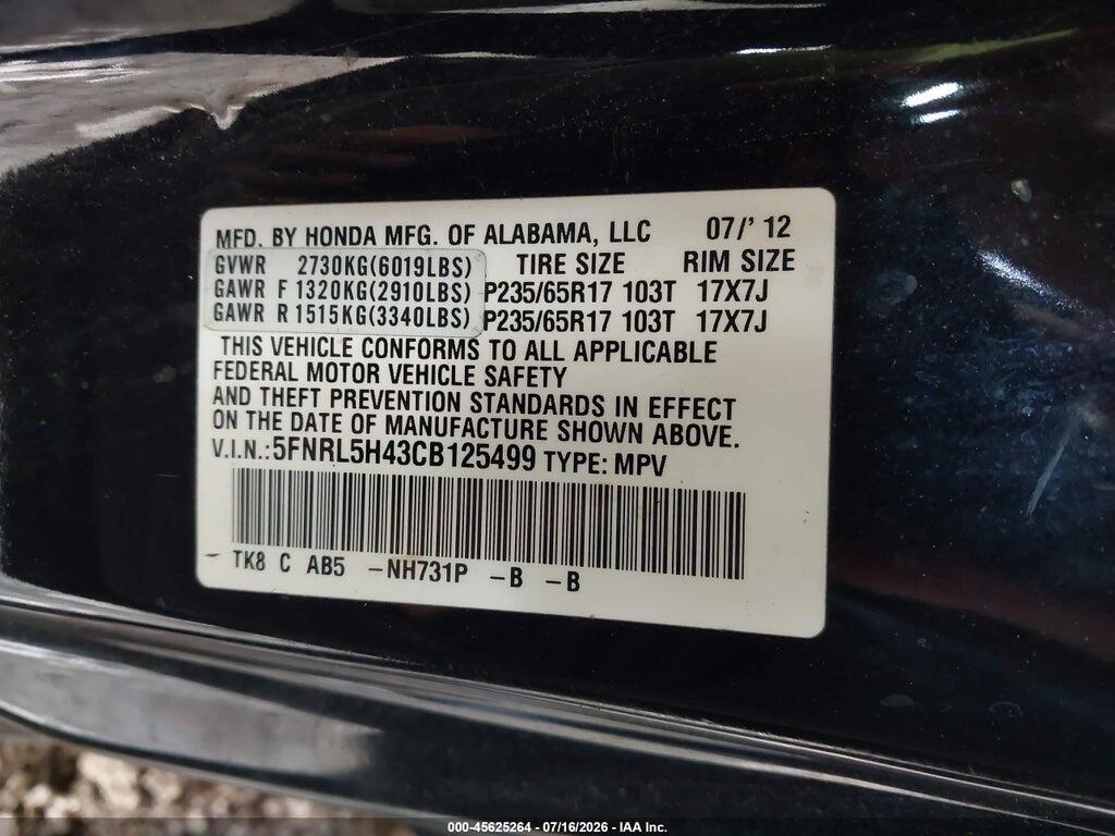 5FNRL5H43CB125499 2012 HONDA ODYSSEY photo no. 9