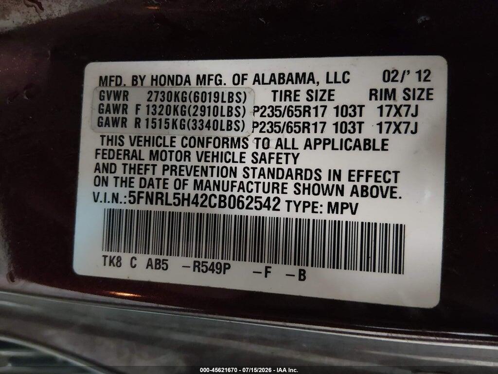 5FNRL5H42CB062542 2012 HONDA ODYSSEY photo no. 9
