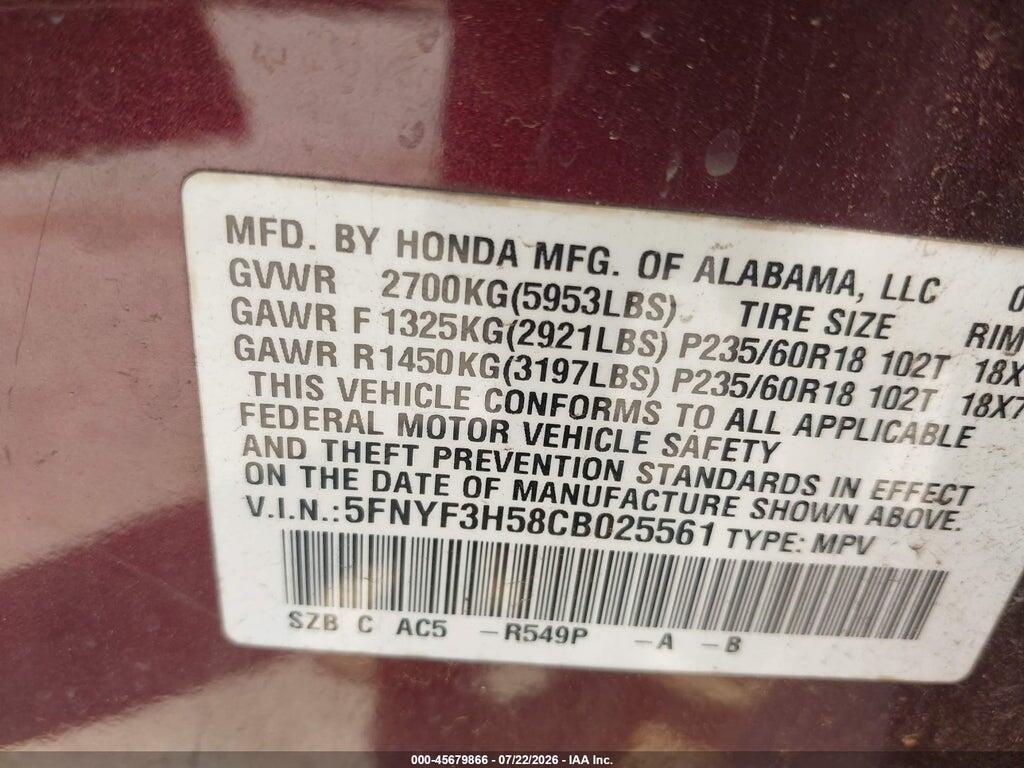5FNYF3H58CB025561 2012 HONDA PILOT photo no. 9
