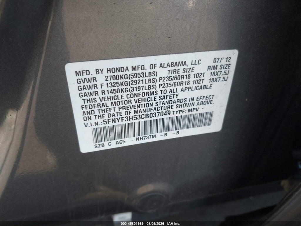 5FNYF3H53CB037049 2012 HONDA PILOT photo no. 9