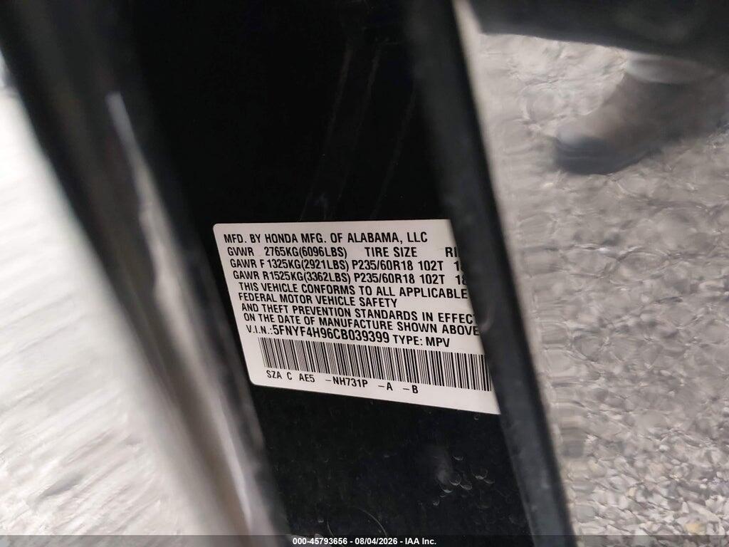 5FNYF4H96CB039399 2012 HONDA PILOT photo no. 9
