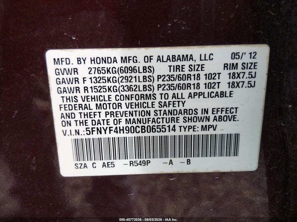 5FNYF4H90CB065514 2012 HONDA PILOT photo no. 9