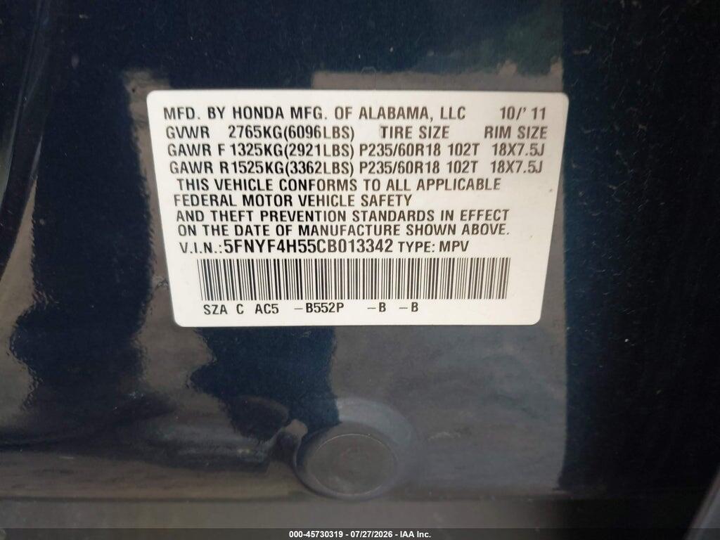 5FNYF4H55CB013342 2012 HONDA PILOT photo no. 9