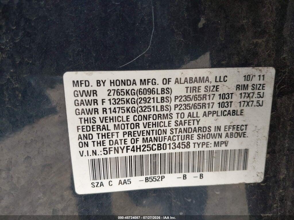5FNYF4H25CB013458 2012 HONDA PILOT photo no. 9