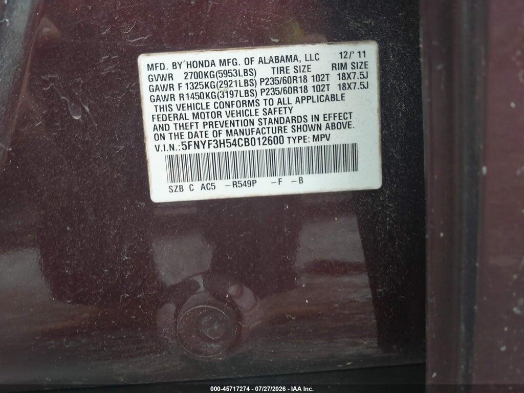 5FNYF3H54CB012600 2012 HONDA PILOT photo no. 9
