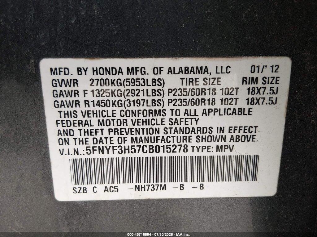 5FNYF3H57CB015278 2012 HONDA PILOT photo no. 9