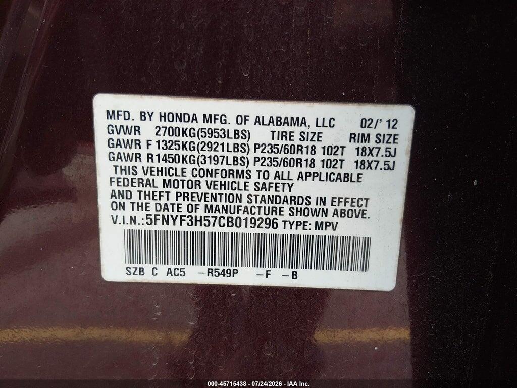 5FNYF3H57CB019296 2012 HONDA PILOT photo no. 9