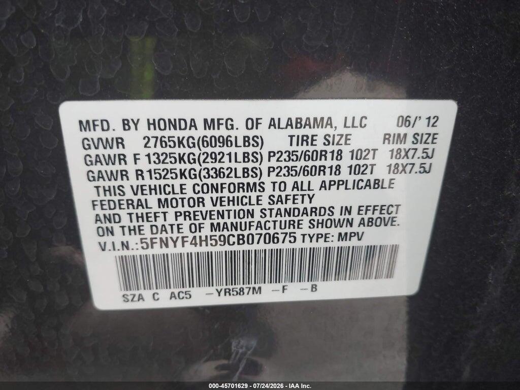 5FNYF4H59CB070675 2012 HONDA PILOT photo no. 9