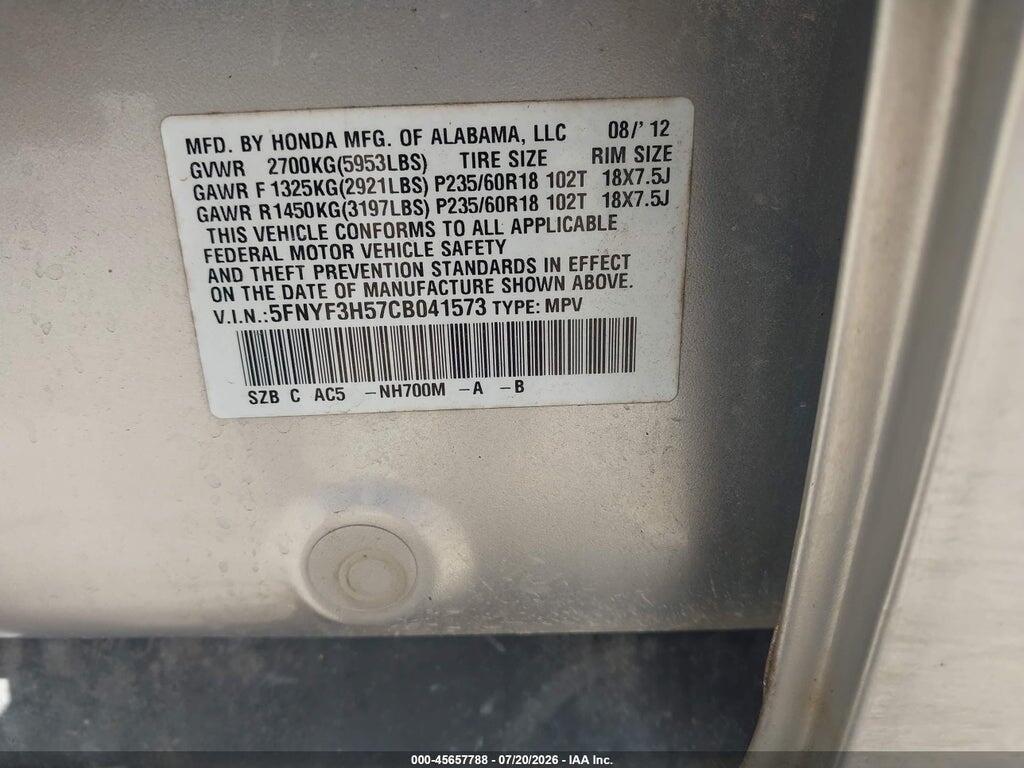 5FNYF3H57CB041573 2012 HONDA PILOT photo no. 9