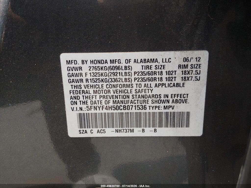 5FNYF4H50CB071536 2012 HONDA PILOT photo no. 9