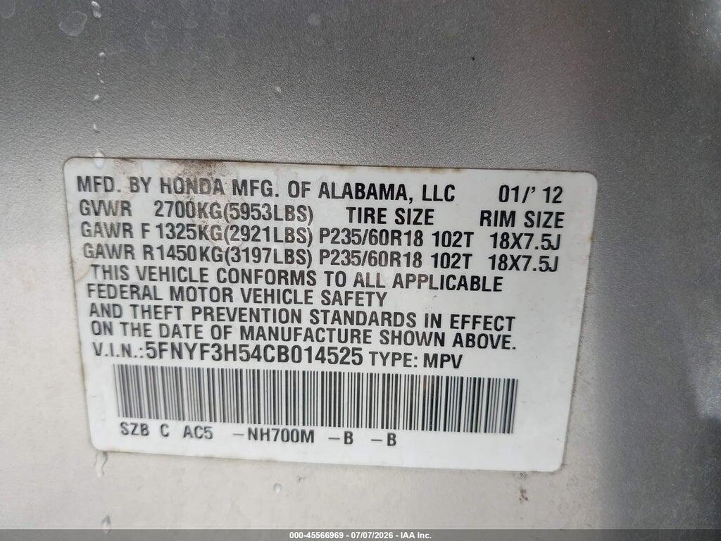 5FNYF3H54CB014525 2012 HONDA PILOT photo no. 9