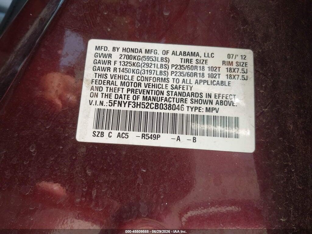 5FNYF3H52CB038046 2012 HONDA PILOT photo no. 9