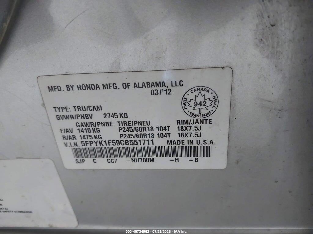 5FPYK1F59CB551711 2012 HONDA RIDGELINE photo no. 9