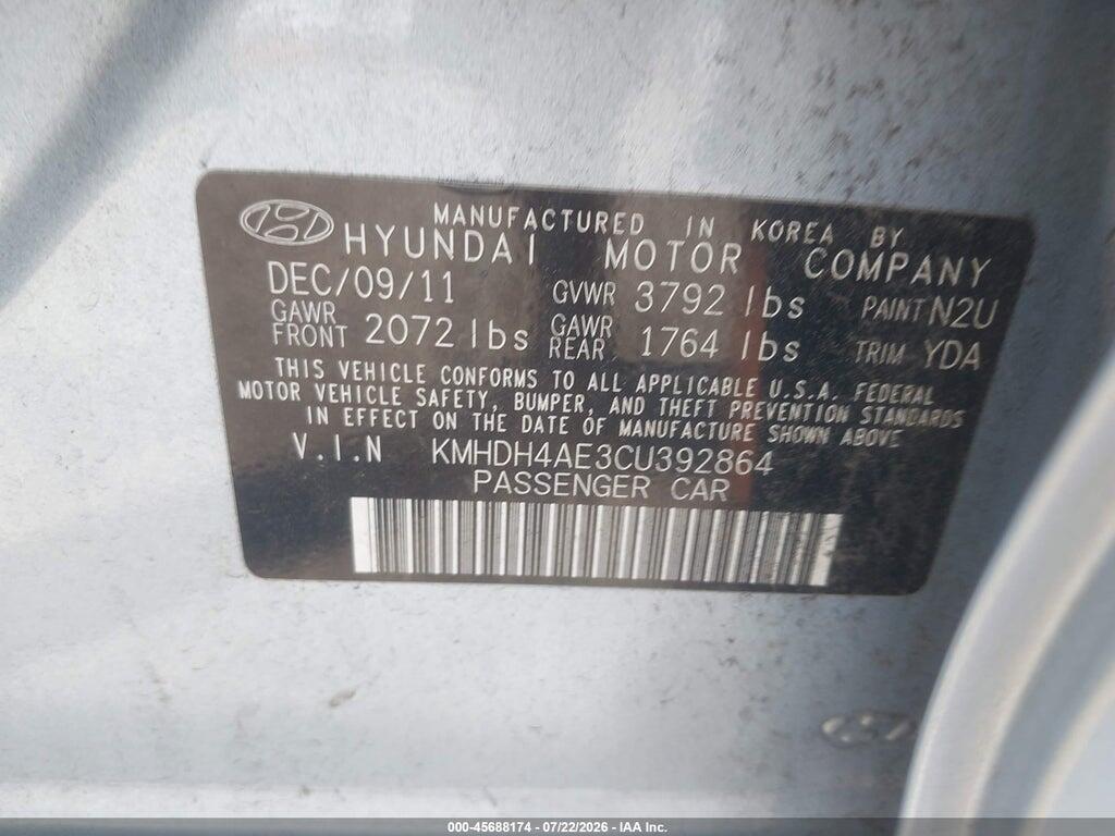KMHDH4AE3CU392864 2012 HYUNDAI ELANTRA photo no. 9
