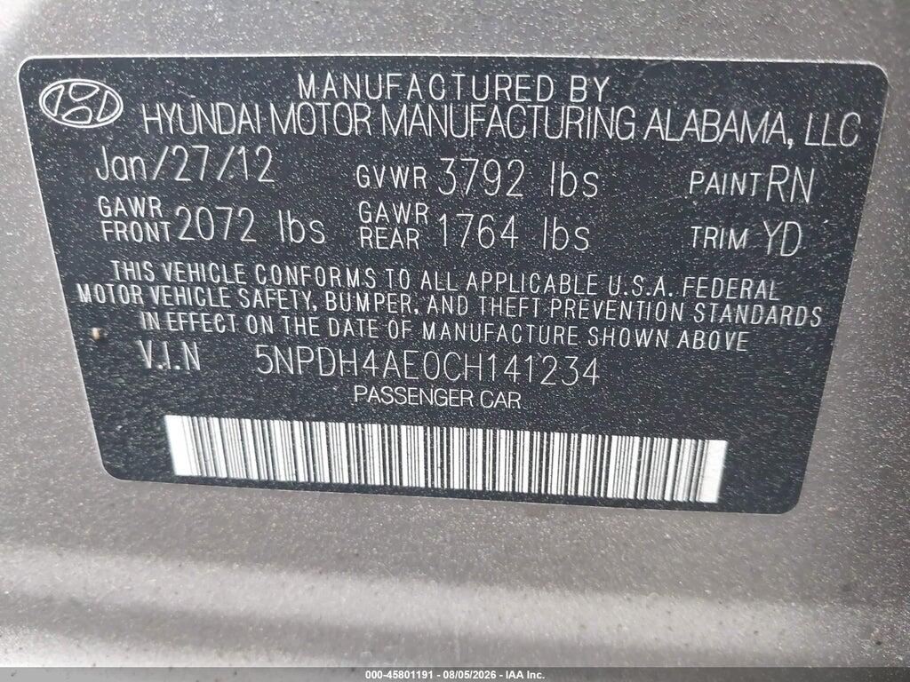 5NPDH4AE0CH141234 2012 HYUNDAI ELANTRA photo no. 9