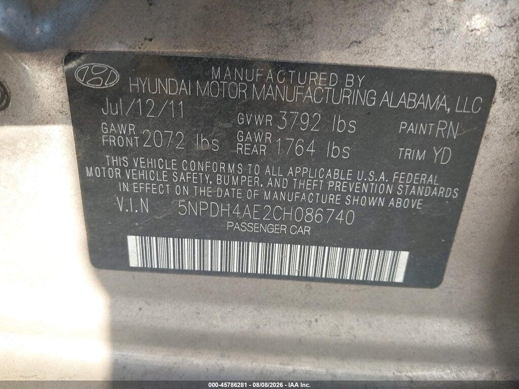 5NPDH4AE2CH086740 2012 HYUNDAI ELANTRA photo no. 9
