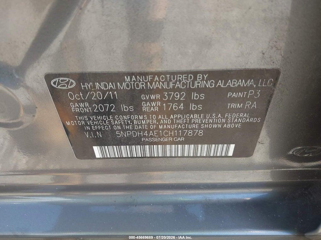 5NPDH4AE1CH117878 2012 HYUNDAI ELANTRA photo no. 9