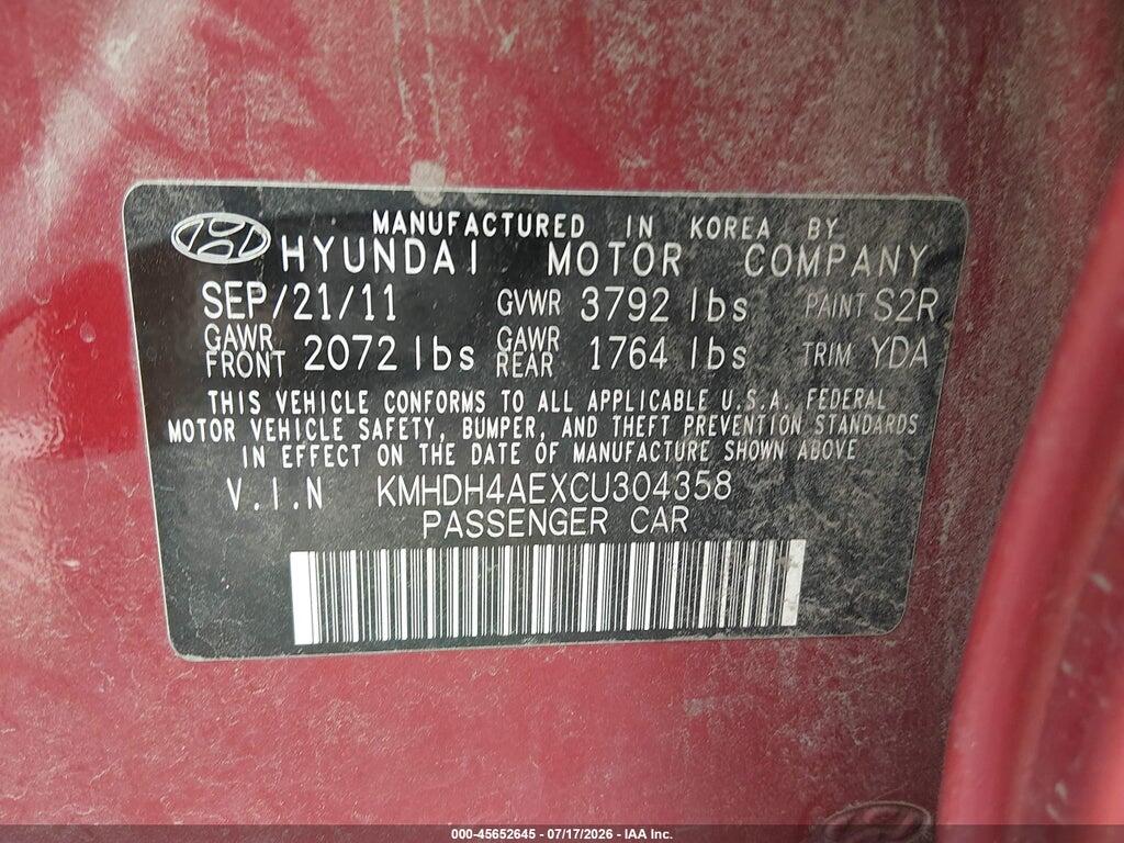 KMHDH4AEXCU304358 2012 HYUNDAI ELANTRA photo no. 9