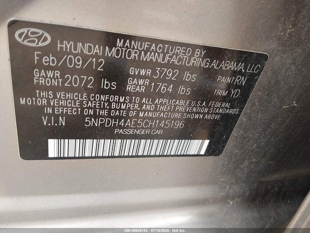 5NPDH4AE5CH145196 2012 HYUNDAI ELANTRA photo no. 9