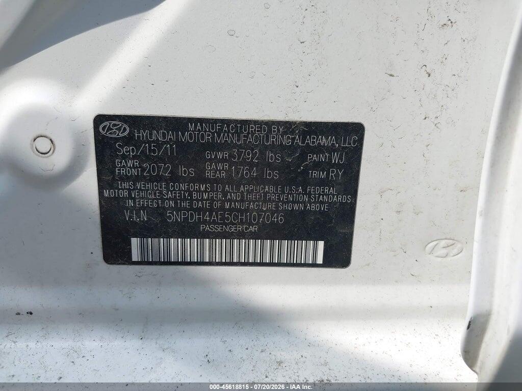 5NPDH4AE5CH107046 2012 HYUNDAI ELANTRA photo no. 9