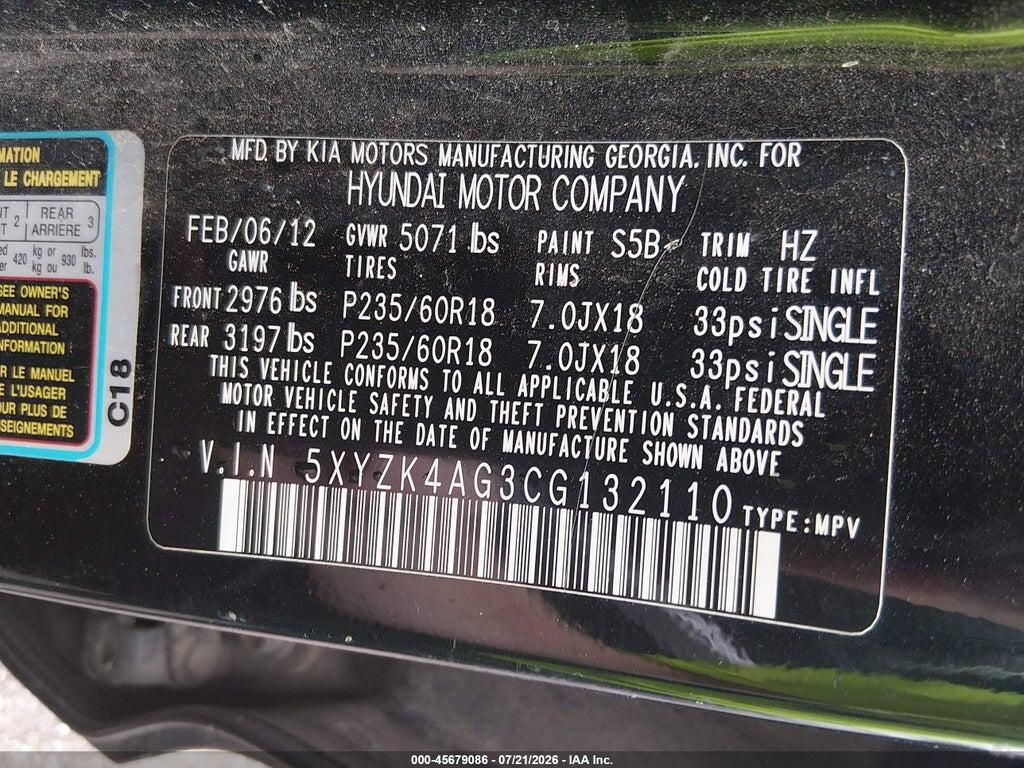 5XYZK4AG3CG132110 2012 HYUNDAI SANTA FE photo no. 9