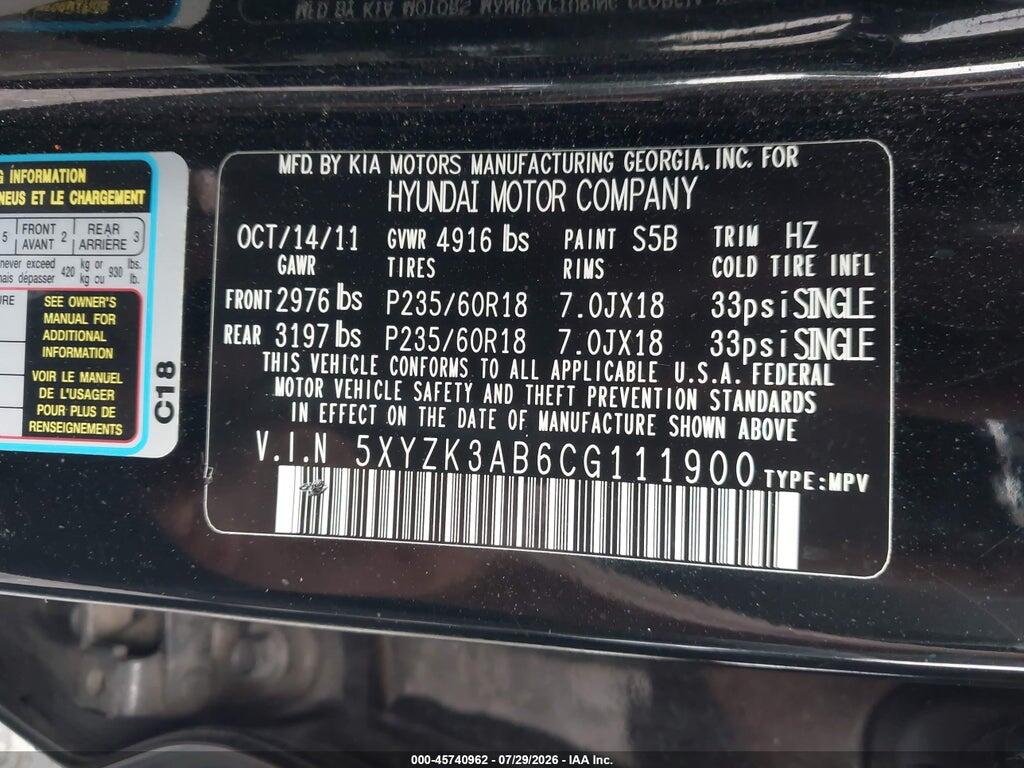 5XYZK3AB6CG111900 2012 HYUNDAI SANTA FE photo no. 9