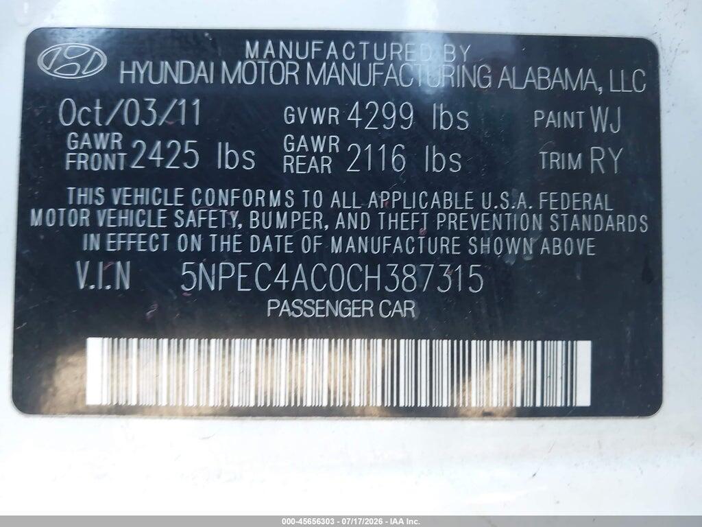 5NPEC4AC0CH387315 2012 HYUNDAI SONATA photo no. 9