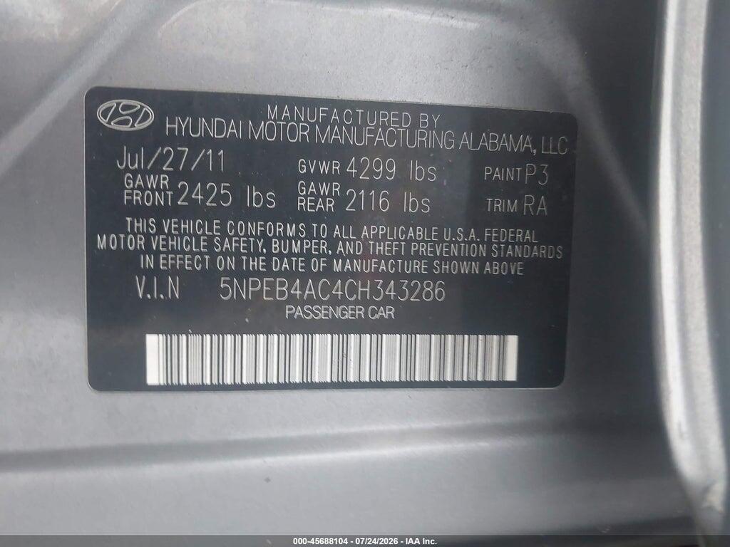 5NPEB4AC4CH343286 2012 HYUNDAI SONATA photo no. 9