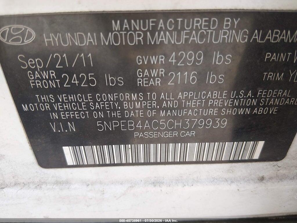 5NPEB4AC5CH379939 2012 HYUNDAI SONATA photo no. 9