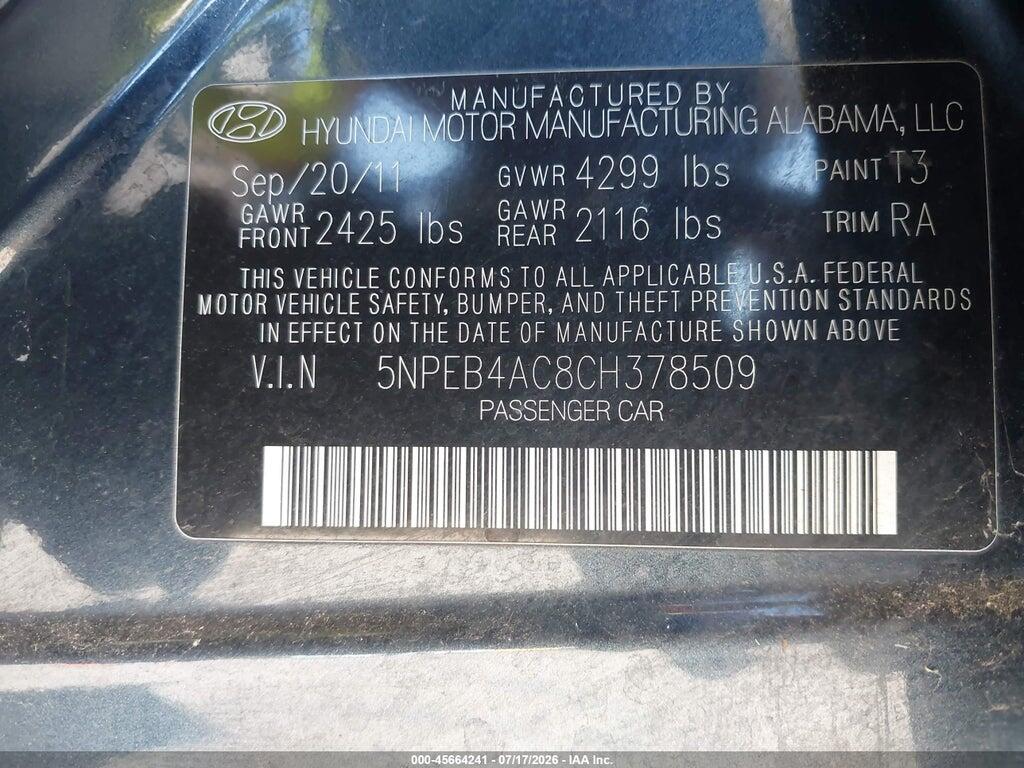 5NPEB4AC8CH378509 2012 HYUNDAI SONATA photo no. 9