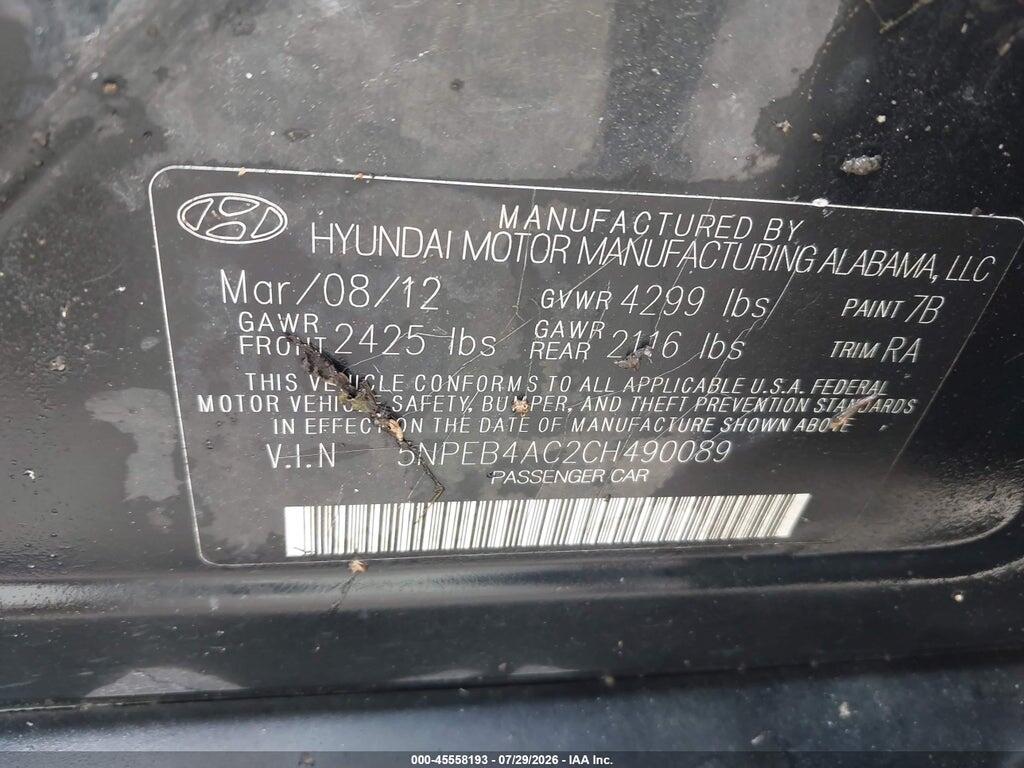 5NPEB4AC2CH490089 2012 HYUNDAI SONATA photo no. 9