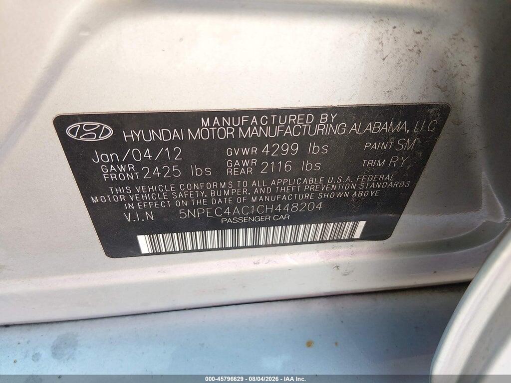 5NPEC4AC1CH448204 2012 HYUNDAI SONATA photo no. 9